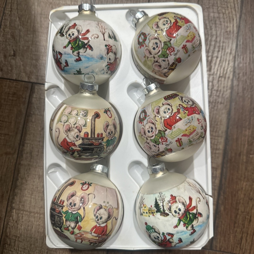 Vintage Corning Glass Christmas Ornaments Mouse  Scenes Set of 6 in Box